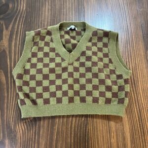 TIEDYERX Womens Sweater Vest Small Green Brown Checkered Knit Cropped V Neck